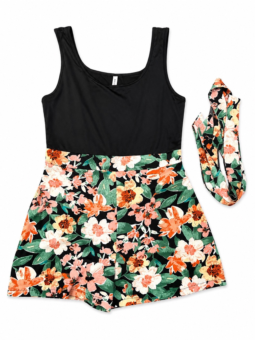 Witsmile Floral Romper XL Black Pink Green Belted Stretch Plus Size Summer